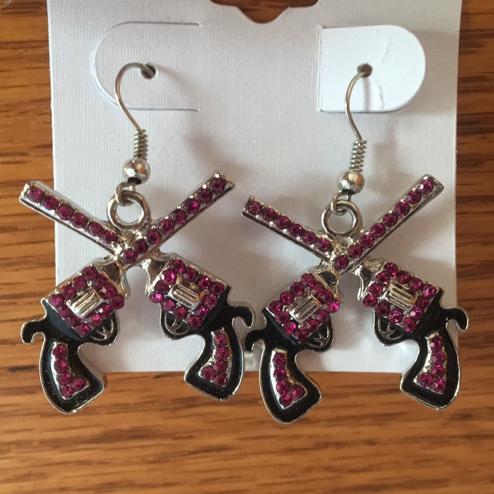 Western Dual Revolver Pistol Gun Dangle Earrings